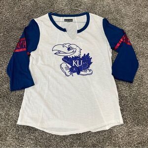 Kansas Jayhawks Women’s Glitter‎ Bling Logo 3/4 Sleeve Raglan Raw Hem Sz Large